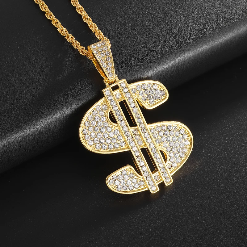 Hip Hop Iec Out Put Crystal Zirconia Dollar Sign Pendant Necklace Fashion Punk Cool Rock Rap Party Jewelry Accessories for Men