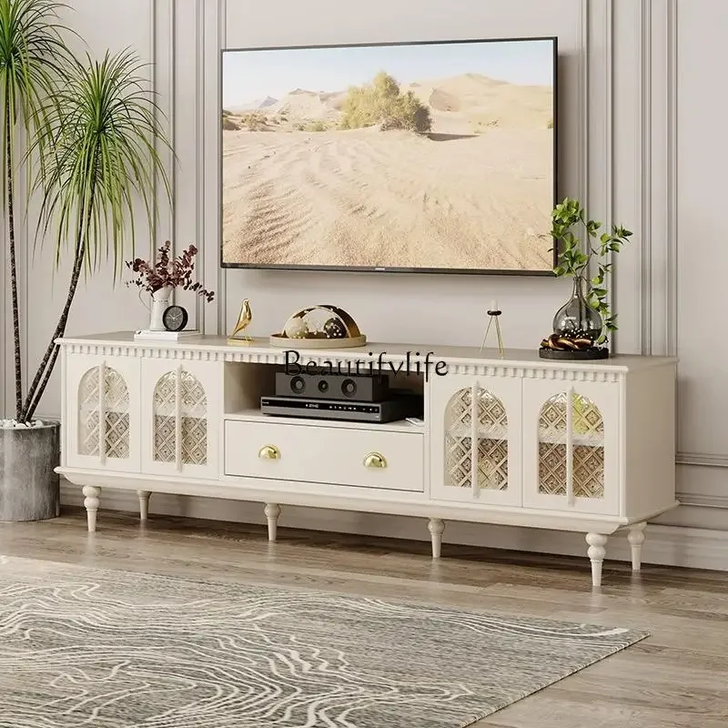 35-*French retro solid wood TV cabinet home living room wall glass with sensor light black art light luxury audio-visual cabinet