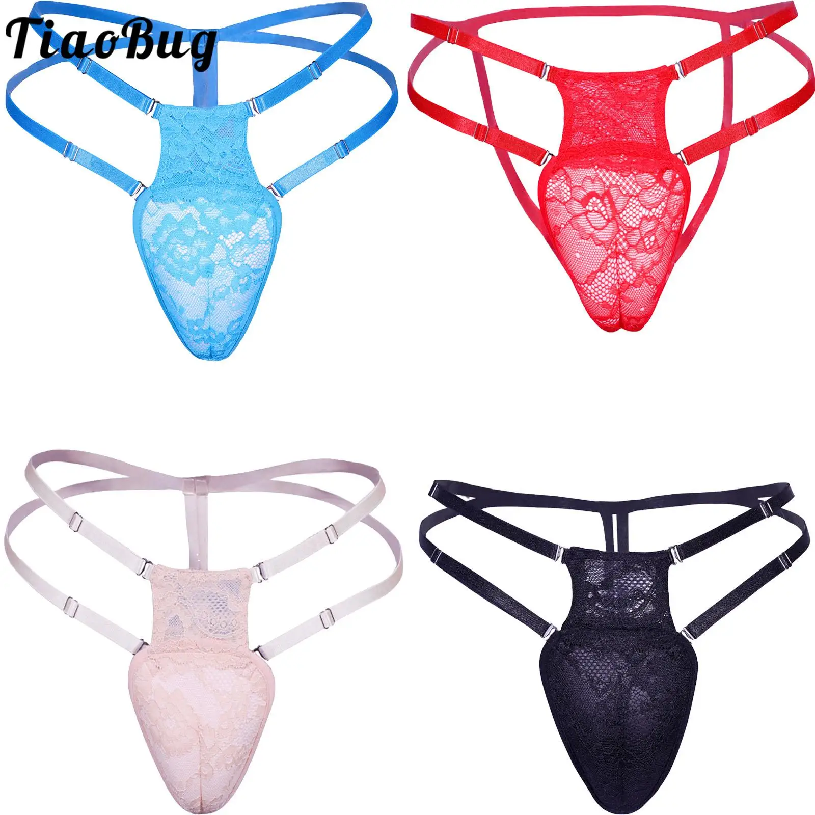 Tiaobug Mens Sissy Cross-Dresser Solid Lace G-strings Low Rise Strappy T-backs Adjustable Elastic Waistband Thongs Underwear