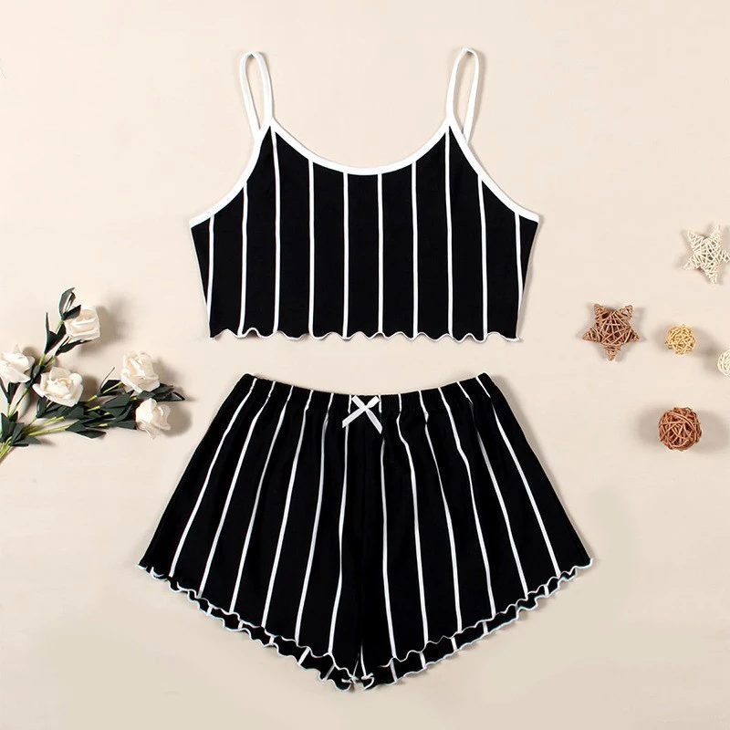 Fashionable And Sexy Home Casual Striped Shorts + Vest Pajamas Two-Piece Set For Women