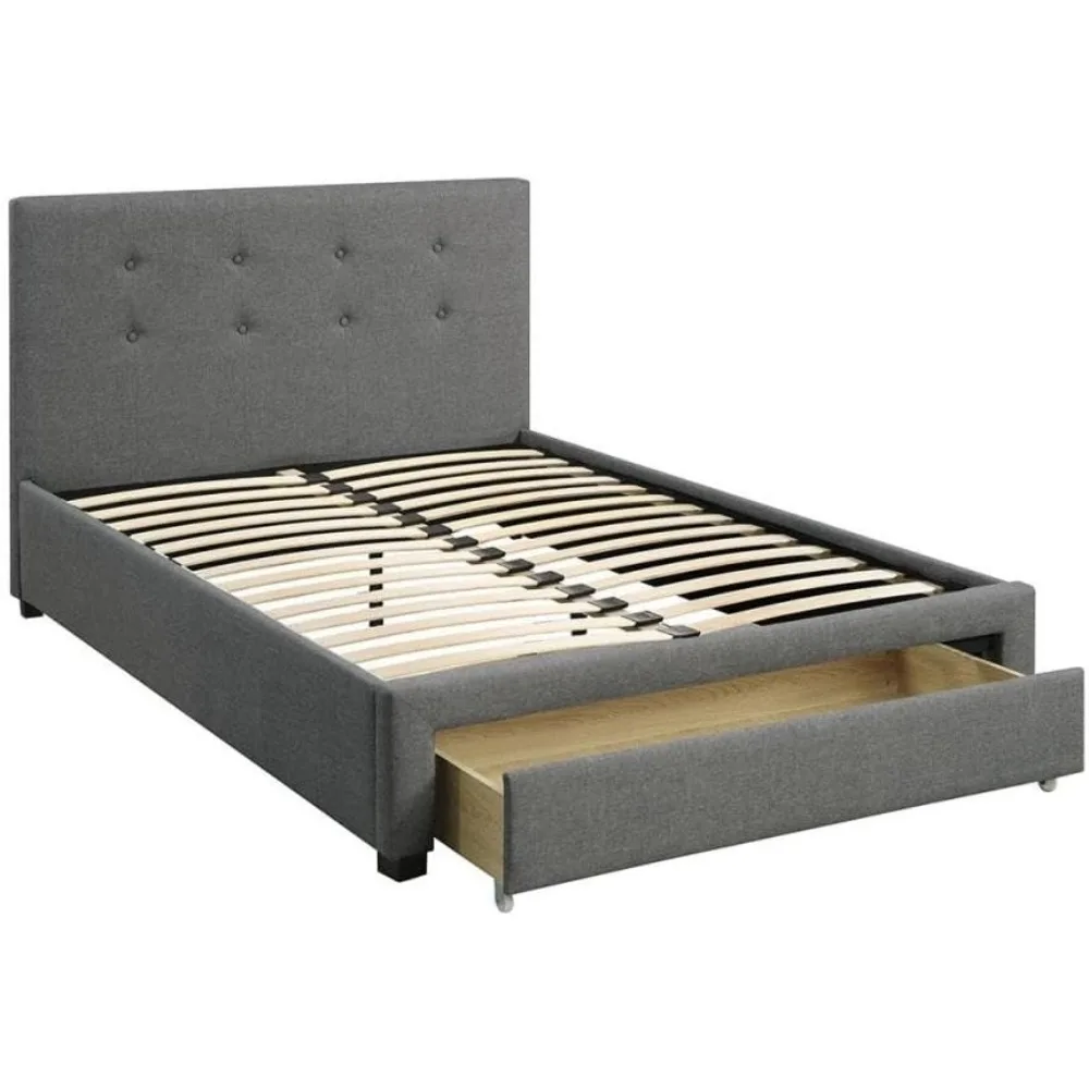 Modern Grey Upholstered Queen Bed Frame with Storage Drawers and Headboard