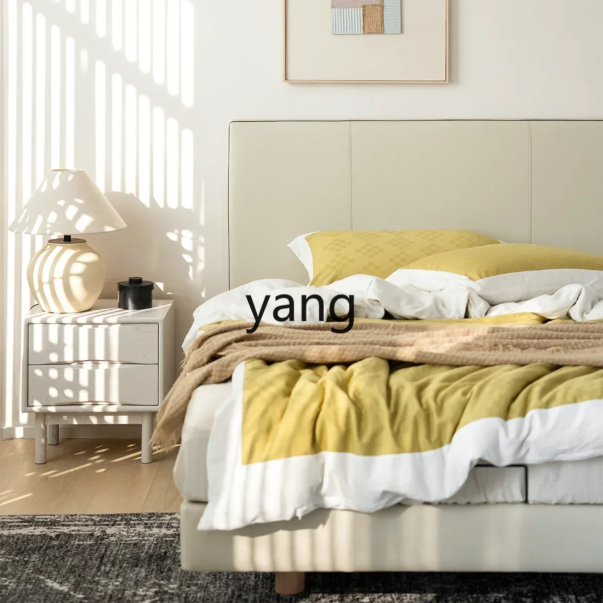 LH first-layer cowhide leather bed beech solid wood row skeleton modern simple master bedroom suspension bed