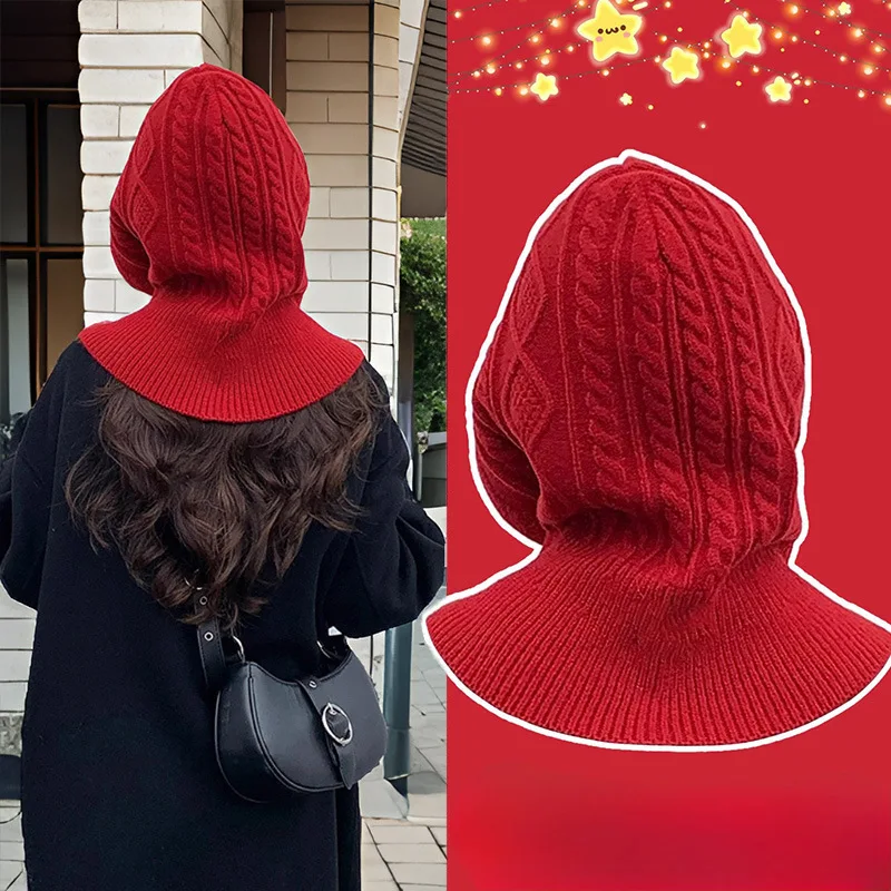 غطاء رأس بالاكلافا شتوي دافئ محبوك وشاح كروشيه متكامل لحماية الأذن مقاوم للبرد بلون سادة ​