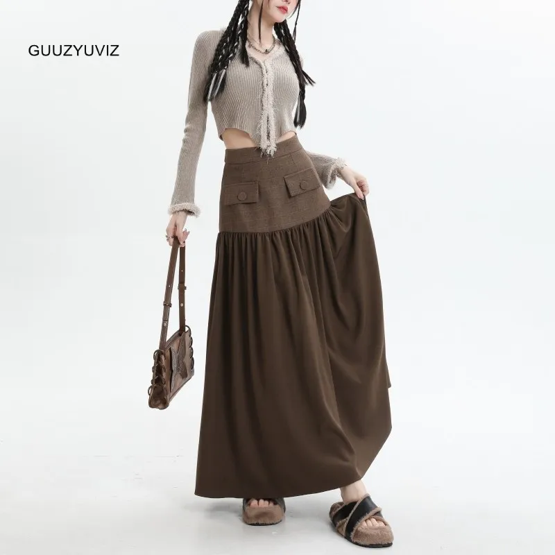

High Waisted Color Matching Half Length Skirt For Women In Autumn And Winter 2023 New A-line Maillard Wear Umbrella Skirt