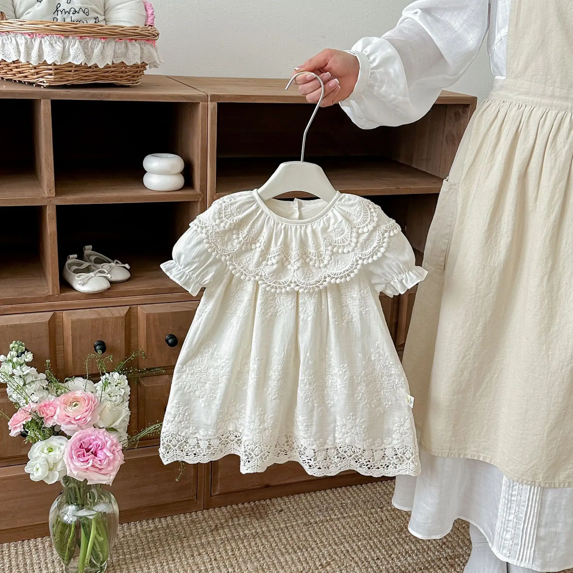 

2026 Summer New Girls Short Sleeve Dress Children Fashion Dress Baby Girl Cute Peter Pan Collar Lace Princess Dress Kids Clothes
