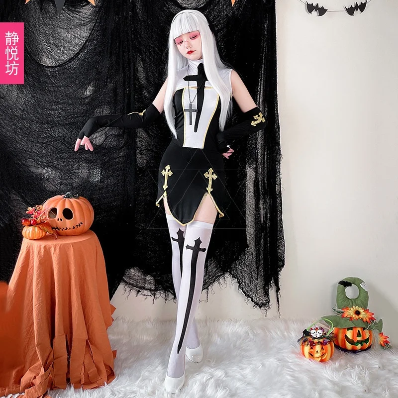 loween Easter Nun Cosplay Costume Stage Performance Suit Cross  Bla Outfit Women's Traditional Ethnic Stage Costume