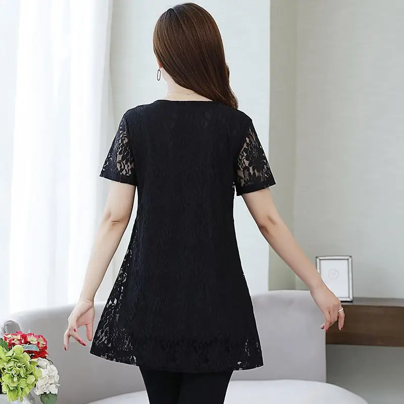 Summer New Lace Asymmetrical T Shirts Short Sleeve Round Neck Solid Color Loose Tops Tees Elegant Fashion Women Clothing