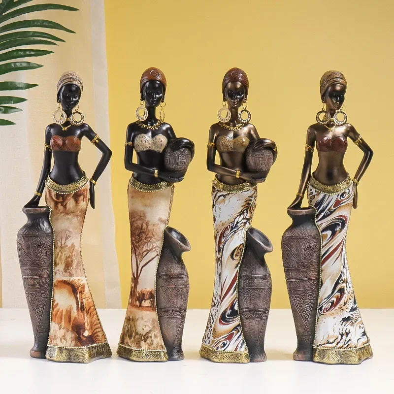 

African Women Figurines Exotic Resin Character Statue Retro Black Women Sculpture Vintage Home Decor for Interior Cabinet