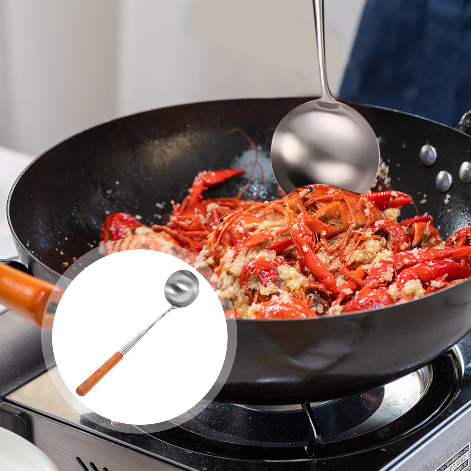 

Birch Wood Porridge Spoon Long Handle Stainless Steel Soup Spoon Kitchen Tool Multi Purpose Rice Scoop Home Cooking Ladle