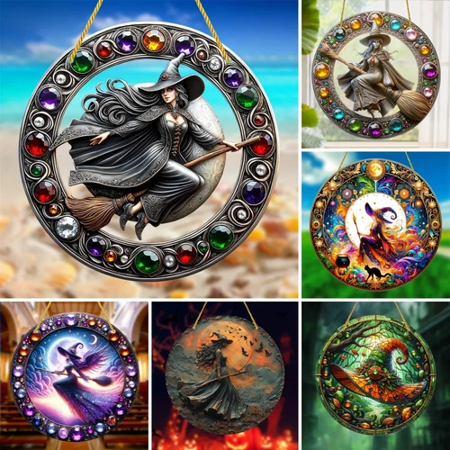 화려한 마녀 아크릴 창 장식, 컬러 유리 효과, 썬캐처, 할로윈 사인, 집, 정원, 야외, 집들이 선물 