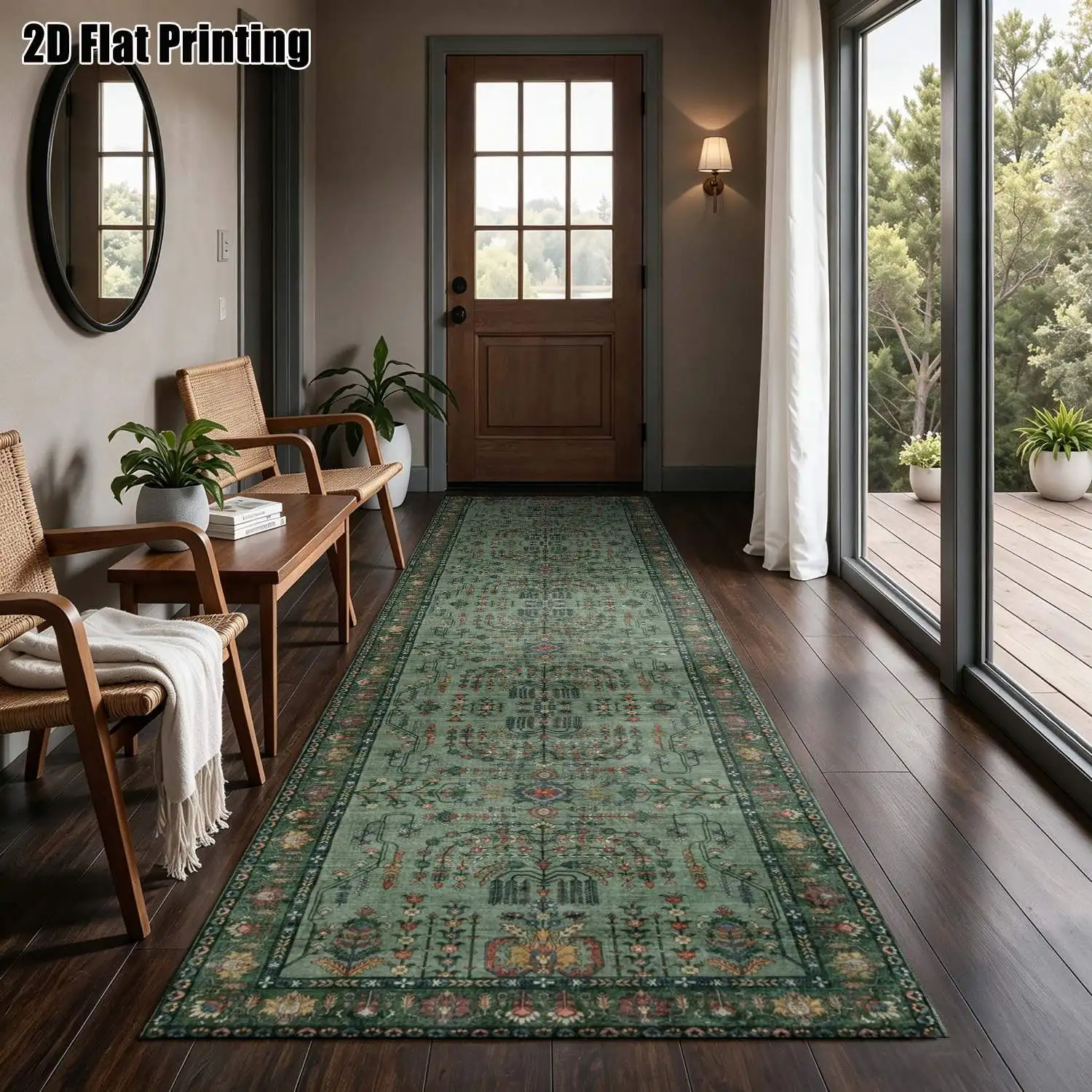 1Pc 2D Printed Long Strip Rug: Blue-Grey Retro Geometric Pattern, European Style, Boho Motifs, Machine Washable, Multi-Size, Ideal for Hallway, Entryway, Living Room, Bedroom Home Decor