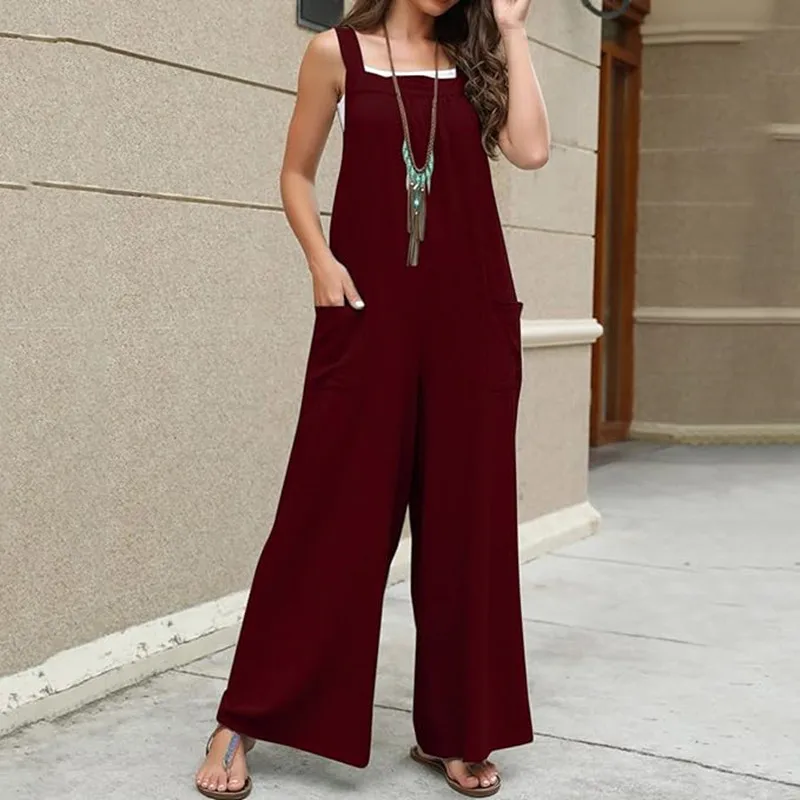 New Women's Cotton Linen Breathable One-piece Pants Solid Color Loose Waist Pockets Sleeveless Back Casual Halter Wide Leg Pants