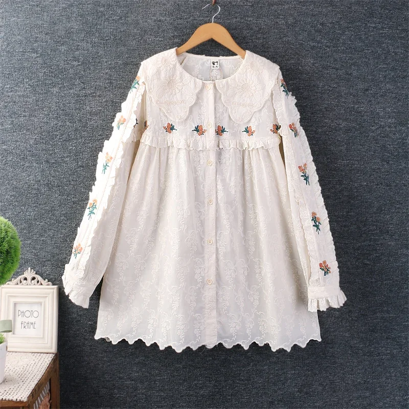 Spring Sweet Long Sleeve Embroidered Shirt Women Single Breasted Casual Tops HT2601