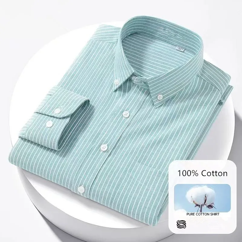 Classic 100% Cotton Shirts For Men Solid Color Stripe Business Oxford Single Pocket Soft Slim Fit Button Formal Male Clothes 5XL