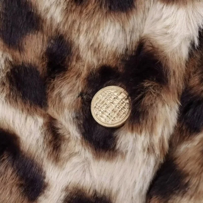 레오파드 프린트 패션 여성 인조 모피 코트 라펠 럭셔리 두꺼운 따뜻한 겨울 여성 루즈 롱 슬리브 재킷 스트리트웨어