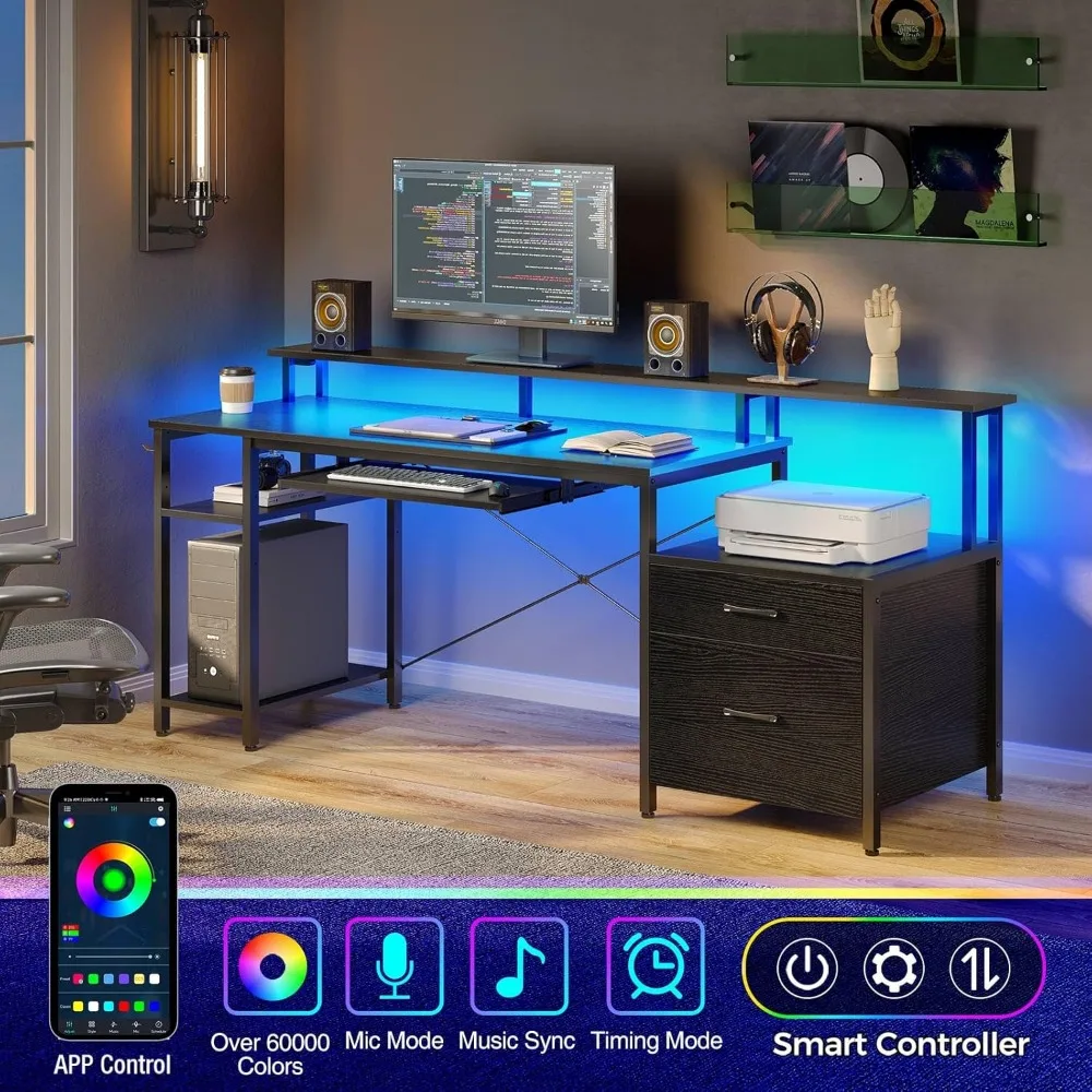 Bureau d'ordinateur avec classeur et étagères de rangement, bureau de jeu avec lumière LED et prises de courant, bureau à domicile