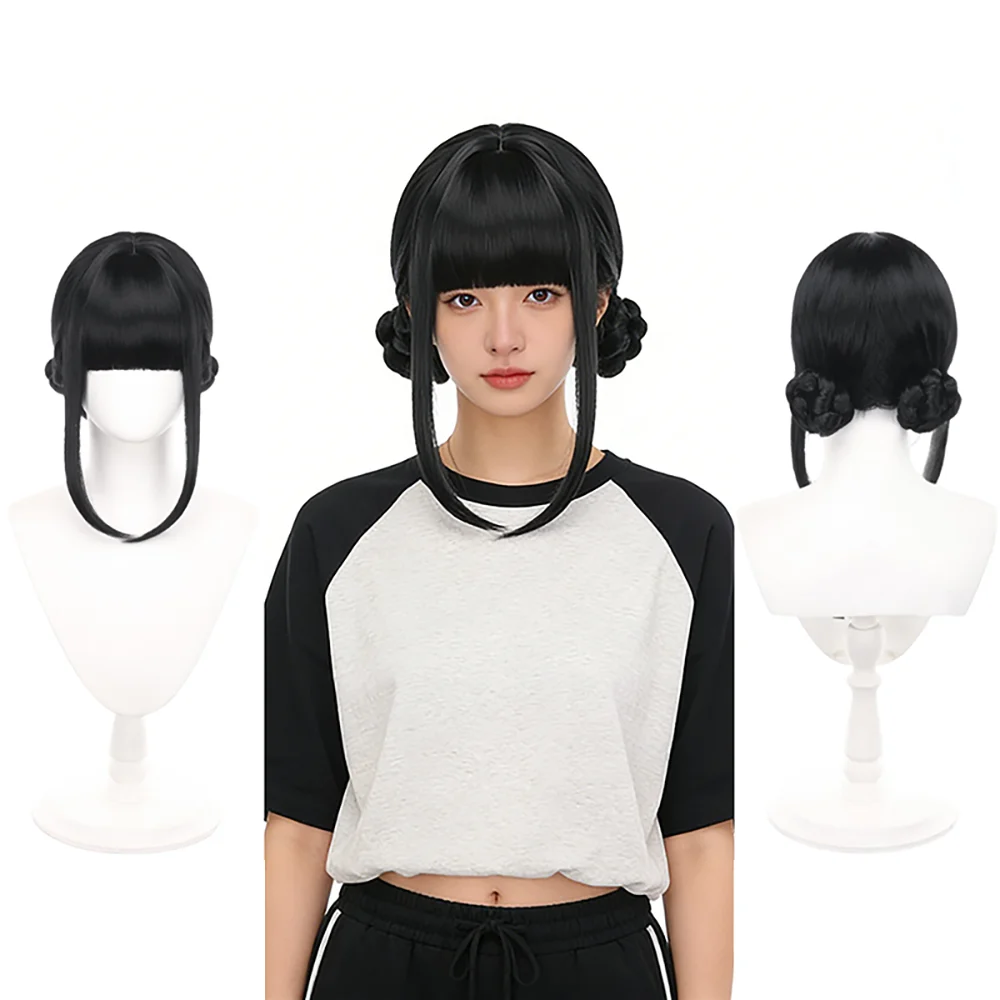 Zoey Cosplay Wig Black & Dark Purple Double Bun With Bangs Heat Resistant Synthetic Hair For Women Halloween Anime Costume Party image 2