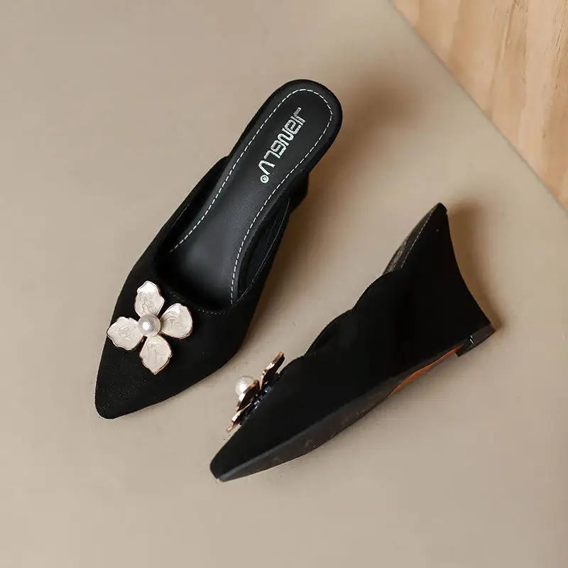 FHC Cashmere Suede Wedges Summer Shoes,High Heels Slides,Mules Slippers,Slip On,Pointed Toe,Pearls, Flower,Black,Dropship