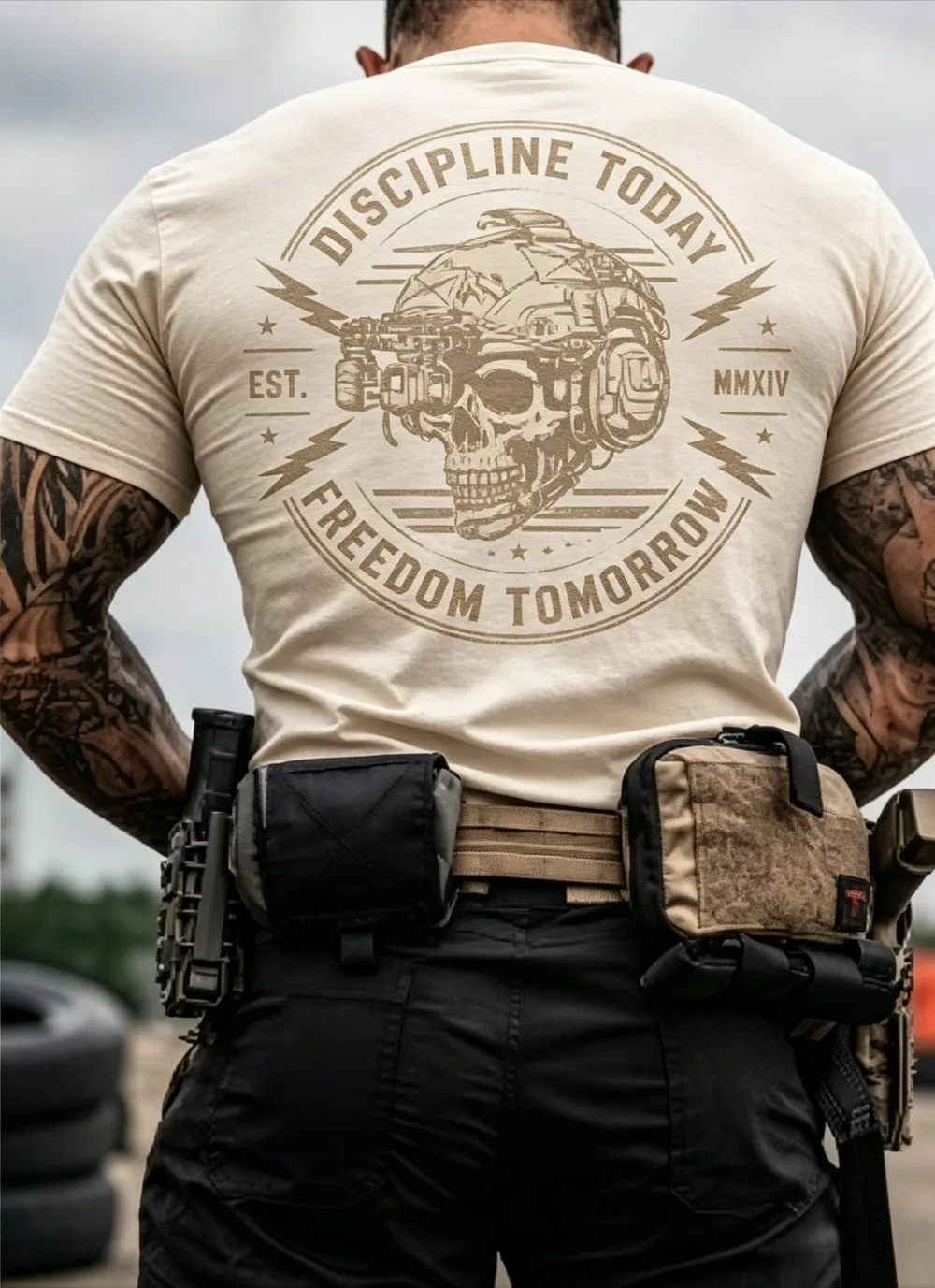 2026 New Men's Military Skull Graphic T Shirt Discipline Theme Black Oversized Outdoor Streetwear Casual Tee