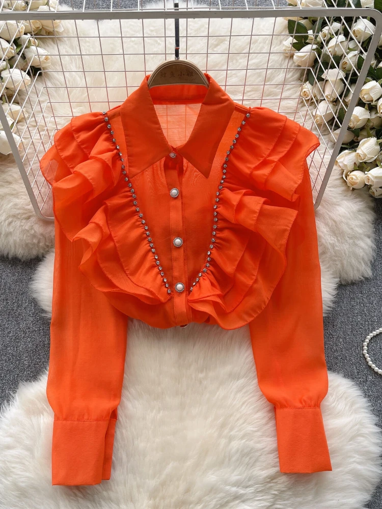 Women Light Luxury Ruffles Temperamental Blouse Lapel Long Sleeved Lightweight Loose Shirts Spring Summer 2024 SM10962