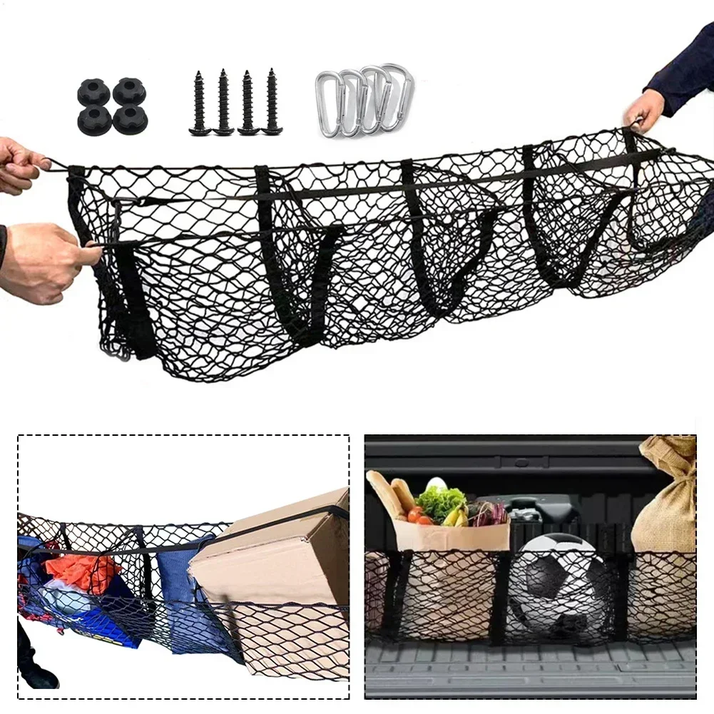 

Car Rear Trunk Net Mesh Elastic Nylon 4 Baskets Cargo Storage Organizer Luggage Grocery Holder 100*30CM Truck SUV Net Bag