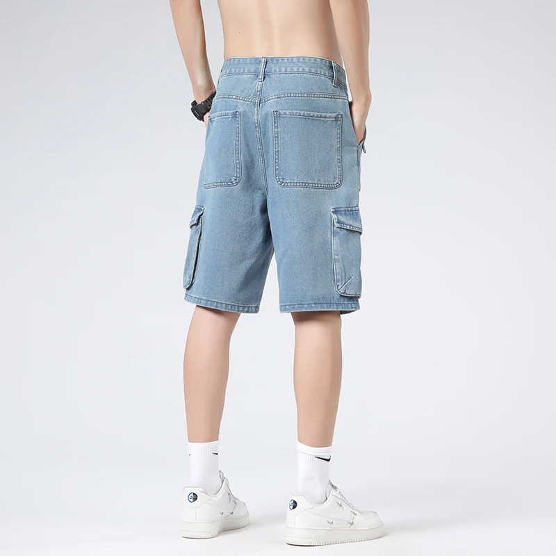 韓国クラシック Y2K マルチポケットカーゴパンツカジュアルショーツ夏の新デニムショーツだぶだぶのジーンズ薄いトレンディな弾性ウエストオーバーオール