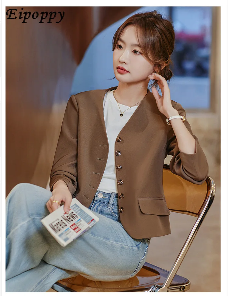 ชุดสูทสีกาแฟลำลองเสื้อแจ็คเก็ตลำลองทรงสั้นสำหรับผู้หญิง