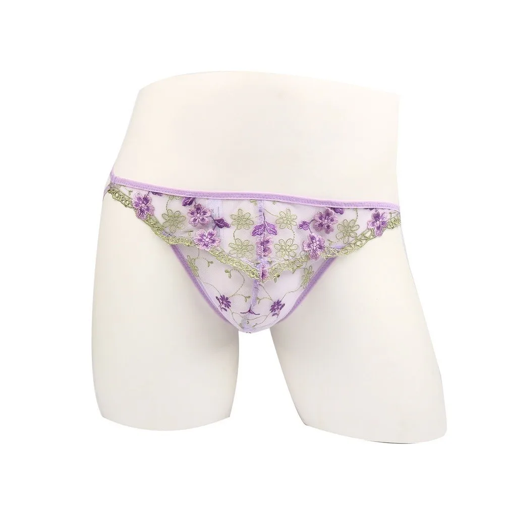 1PC Men's Mesh Floral Embroidered Lace G-String Hollow Out Underwear Low-waist Thongs See Through Printing Panties