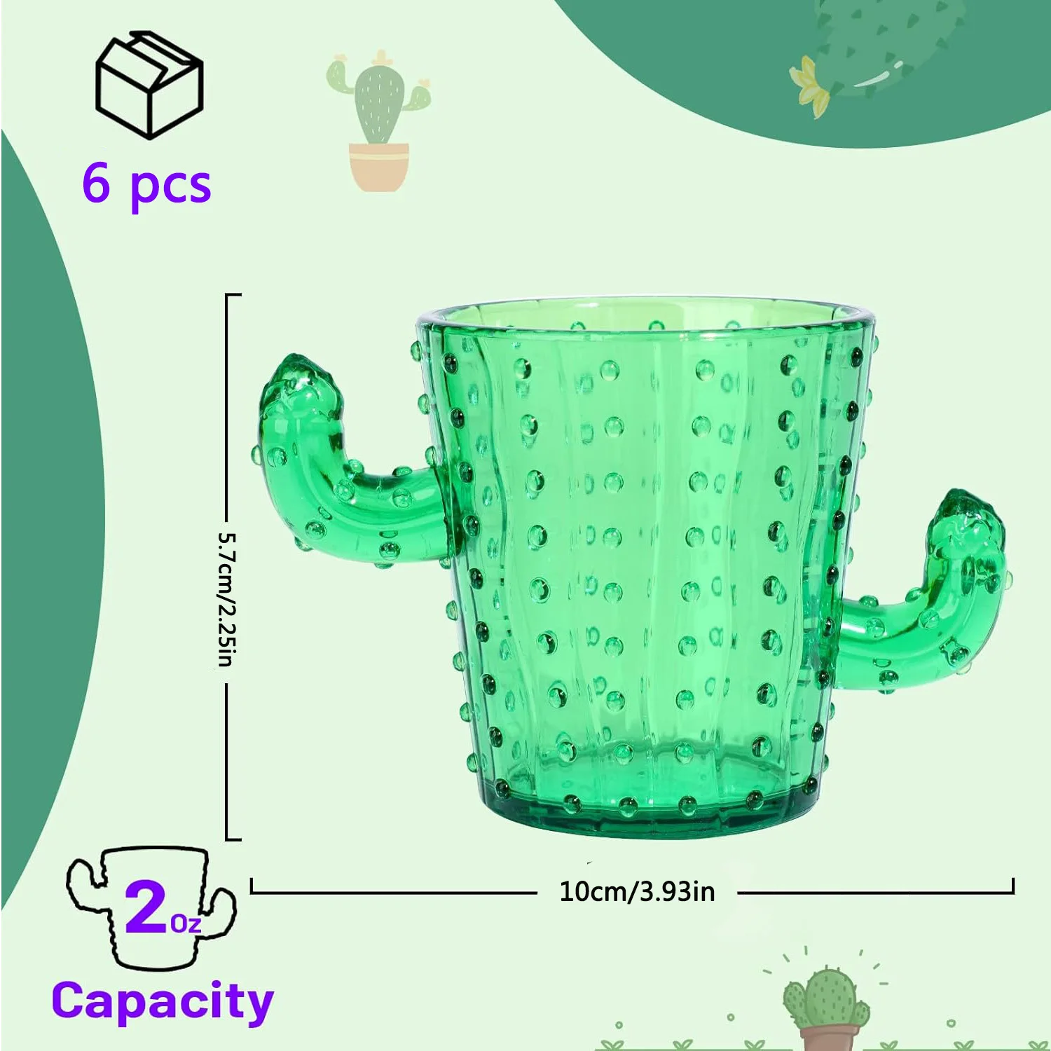 6Pcs Green Plastic Cactus Shot Glasses 2 Oz Green Cute Cactus Tequila Anti Drop acrylicGlasses for Cinco De Mayo Party Supplies