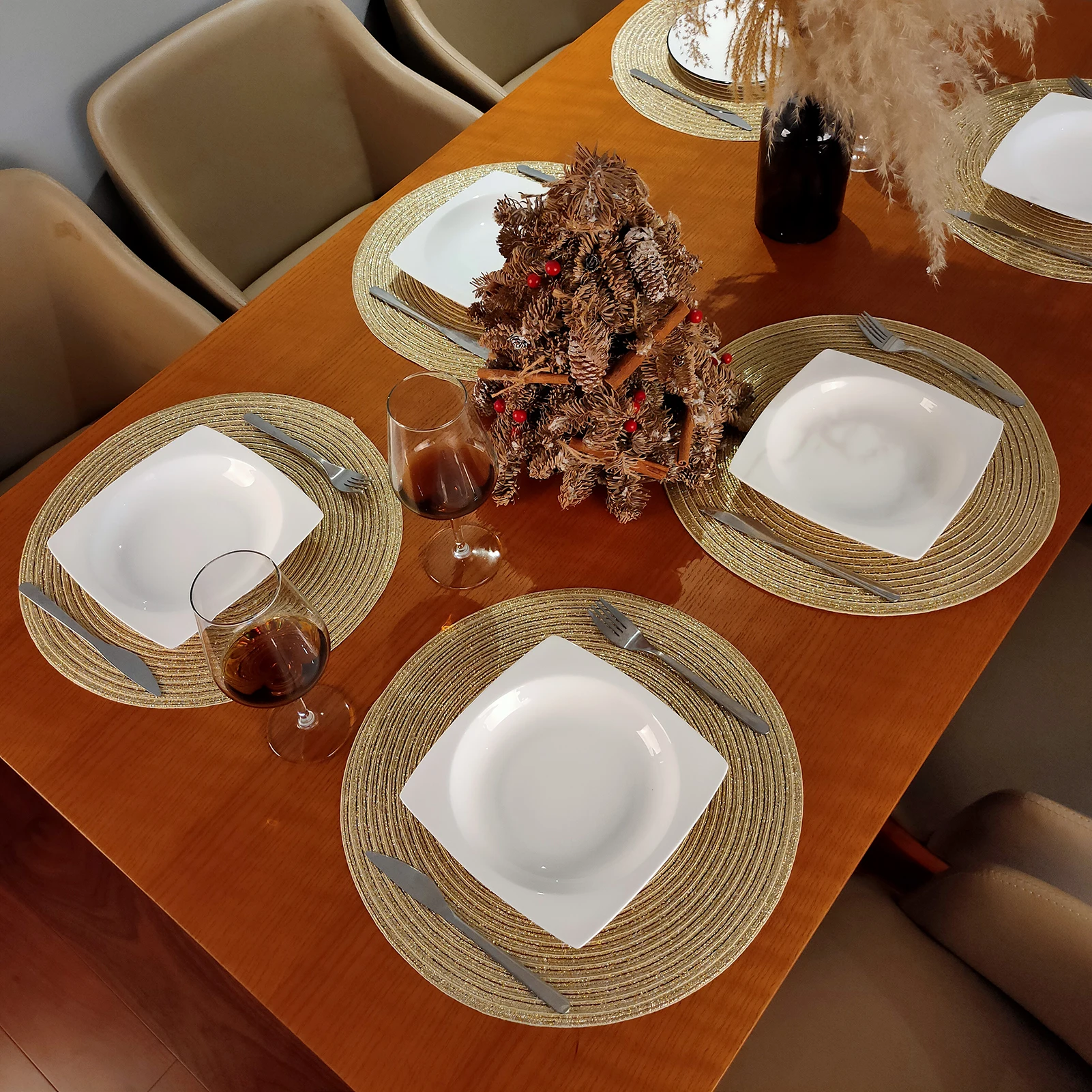 Set of 6 Gold Round Braided Table Mat Washable Placemats Anti Slip Dining Tableware For Home Kitchen Wedding Holiday Table Décor