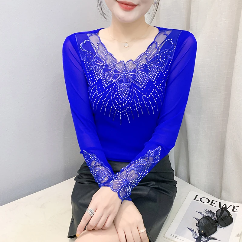 New,Fall,Winter,European,Clothes,Mesh,T-Shirt,Chic,Sexy,V-Neck,Patchwork,3D,Shiny,Diamonds,Women,Tops,Long Sleeve,Drill,Tees,580