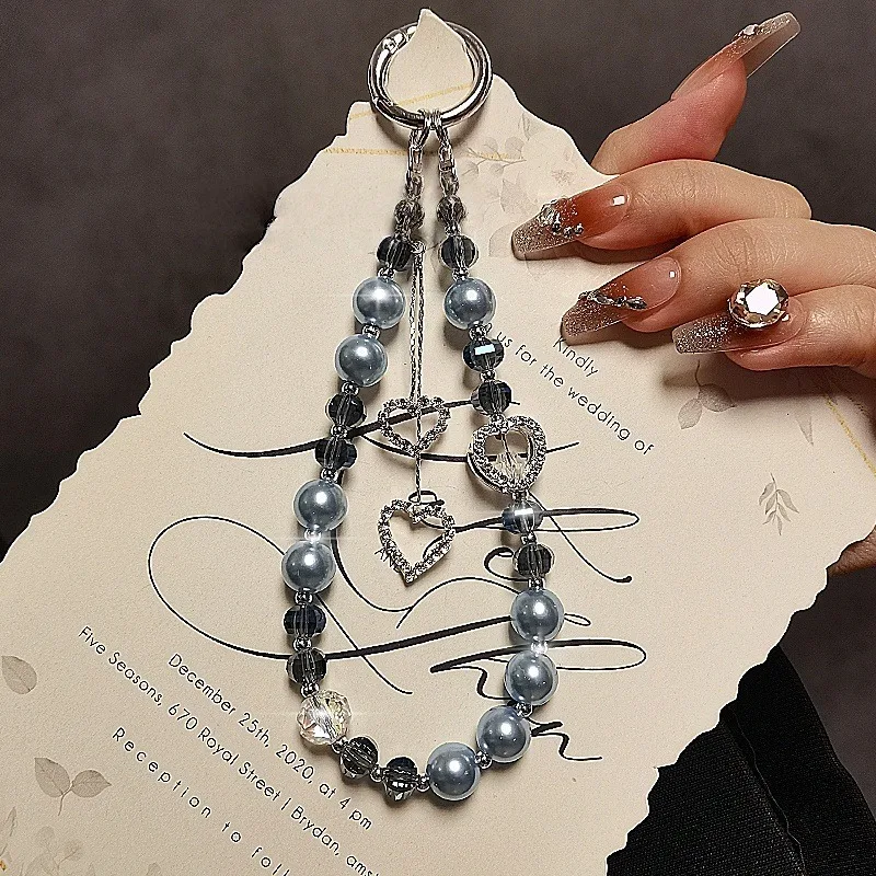 Fashionable Light Luxury Beaded Crystal Mobile Phone Chain Pendant Rhinestone Love Pendant Pearl Mobile Phone Lanyard Wrist Hand