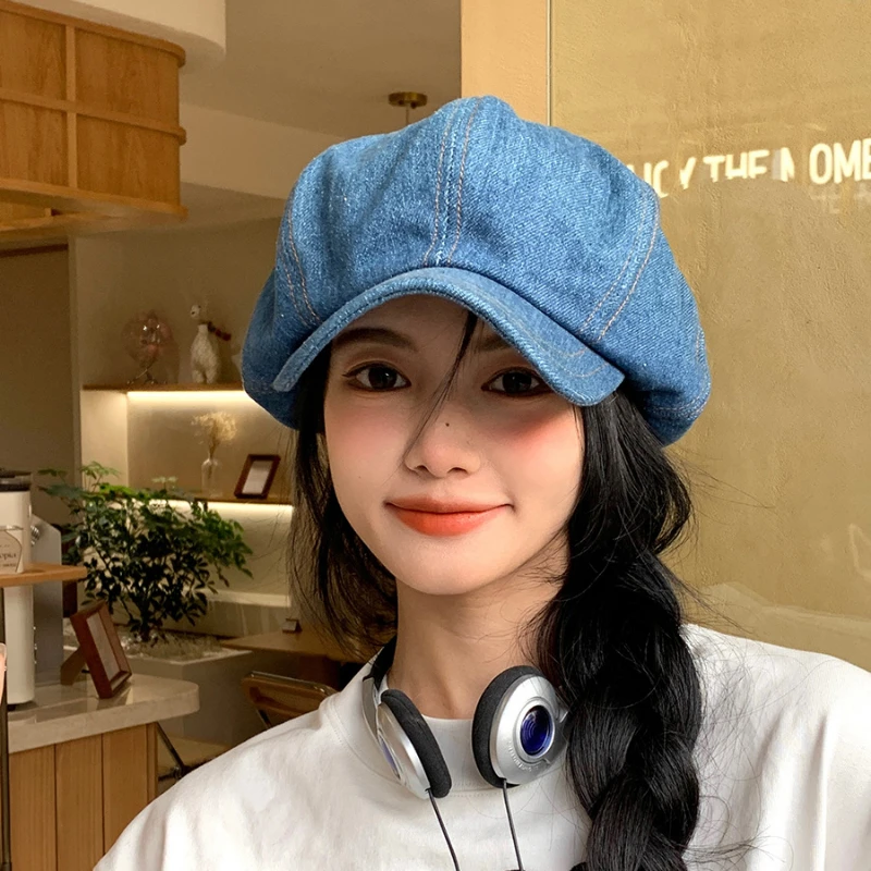 Korean New Denim Beret Women Spring and Autumn Retro Big Head Circumference Cloud Hat Fashion Casual Octagonal Painter Cap