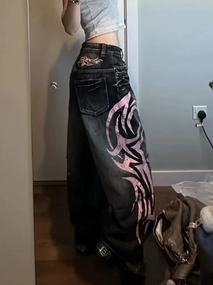 Hip Hop Retro Black Jeans Women Mottled Totem Print Loose Washed Jeans Fashion Y2K Street Rock American Straight Wide Leg Pants