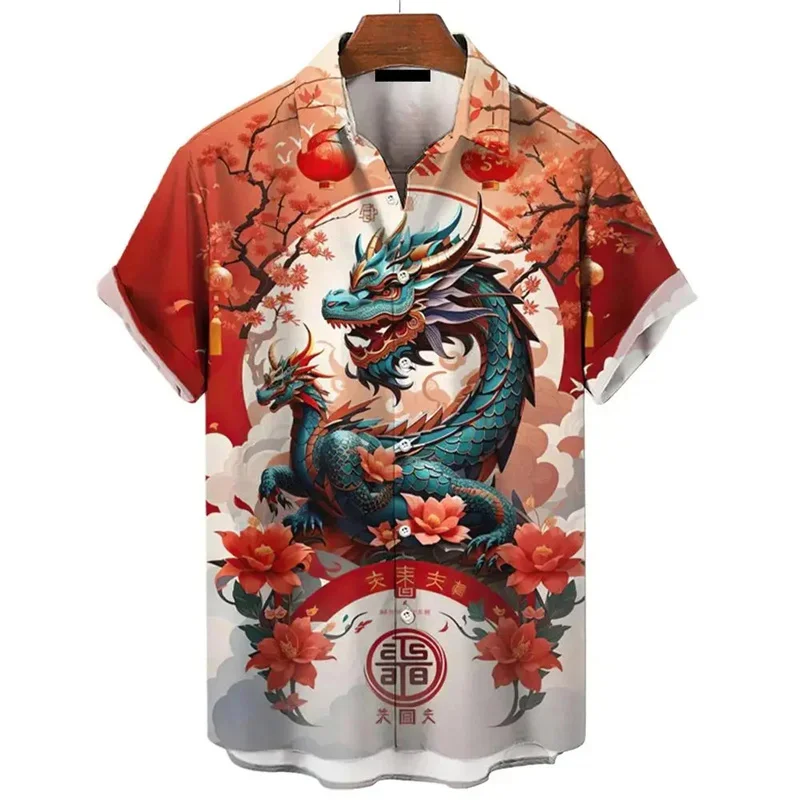 

Chinese Dragon 3D Printed Shirt For Men New Year Festival Pattern Short Sleeve Blouse Casual Tops Button Lapel Hawaiian Shirts