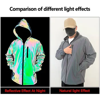 Men's Night Reflective Windproof Hooded Jacket Hip-hop Streetwear Couple Trend Coat for Outdoor Cycling Jogging Safety Clothing 3