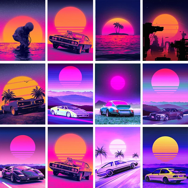 80s Outrun Vaporwave Style Canvas Painting City Night Car House Sunset Posters Print Wall Art for Living Room Wall Decor Cuadros