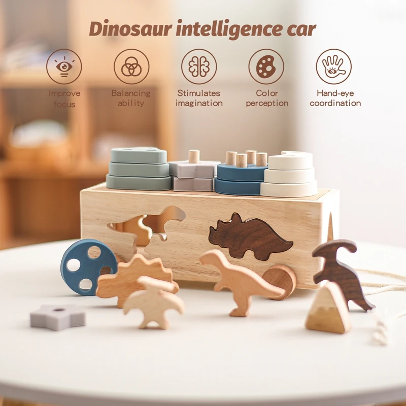 Kids Wooden Dinosaur Intelligence Car Toys Baby Stacking Multifunctional Shape Cognitive Toy Baby Montessori Education Toys Gift