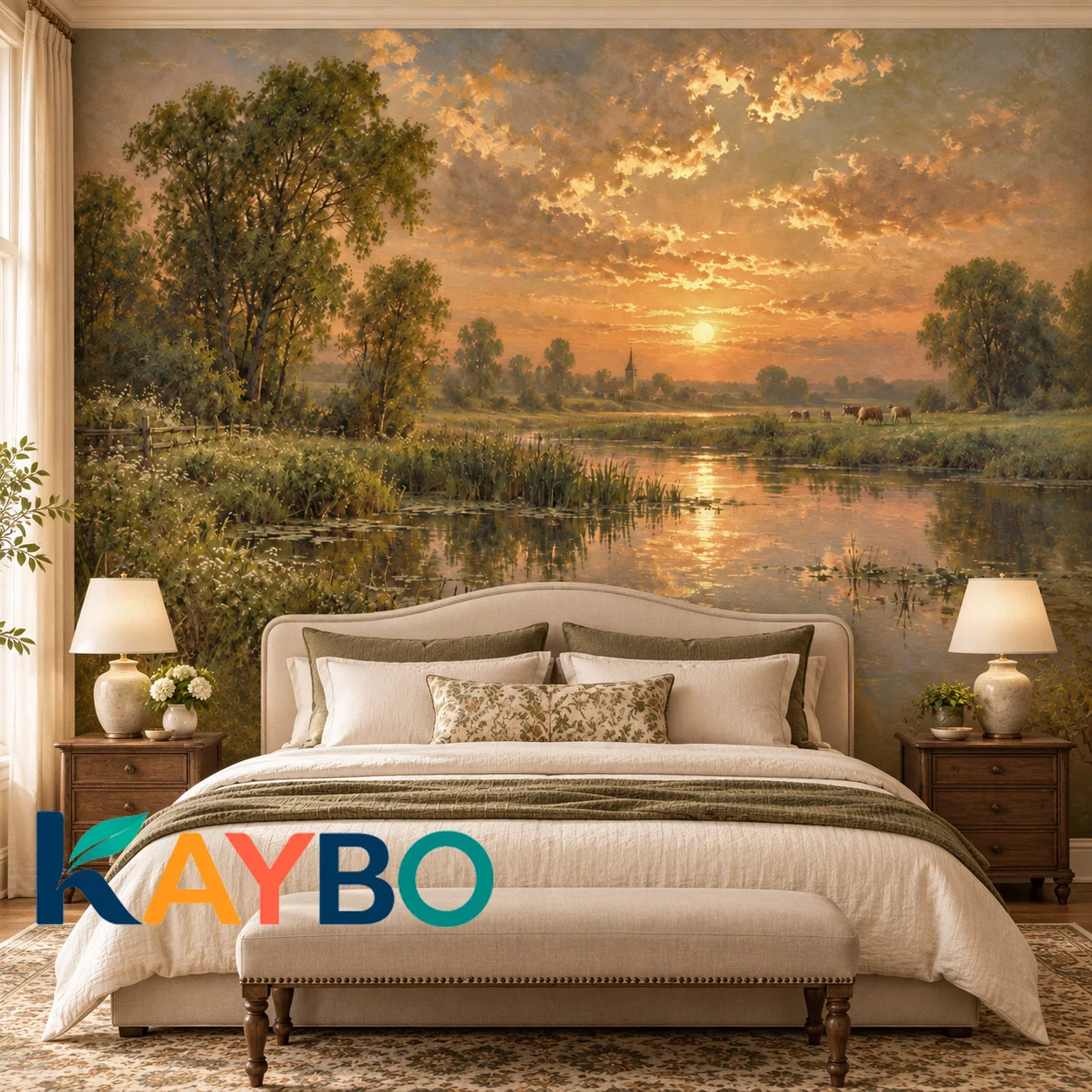 Sunset Landscape Wall Mural Vintage Countryside River Pastoral Nature Wallpaper Living Room Bedroom Home Decor Non Self Adhesive