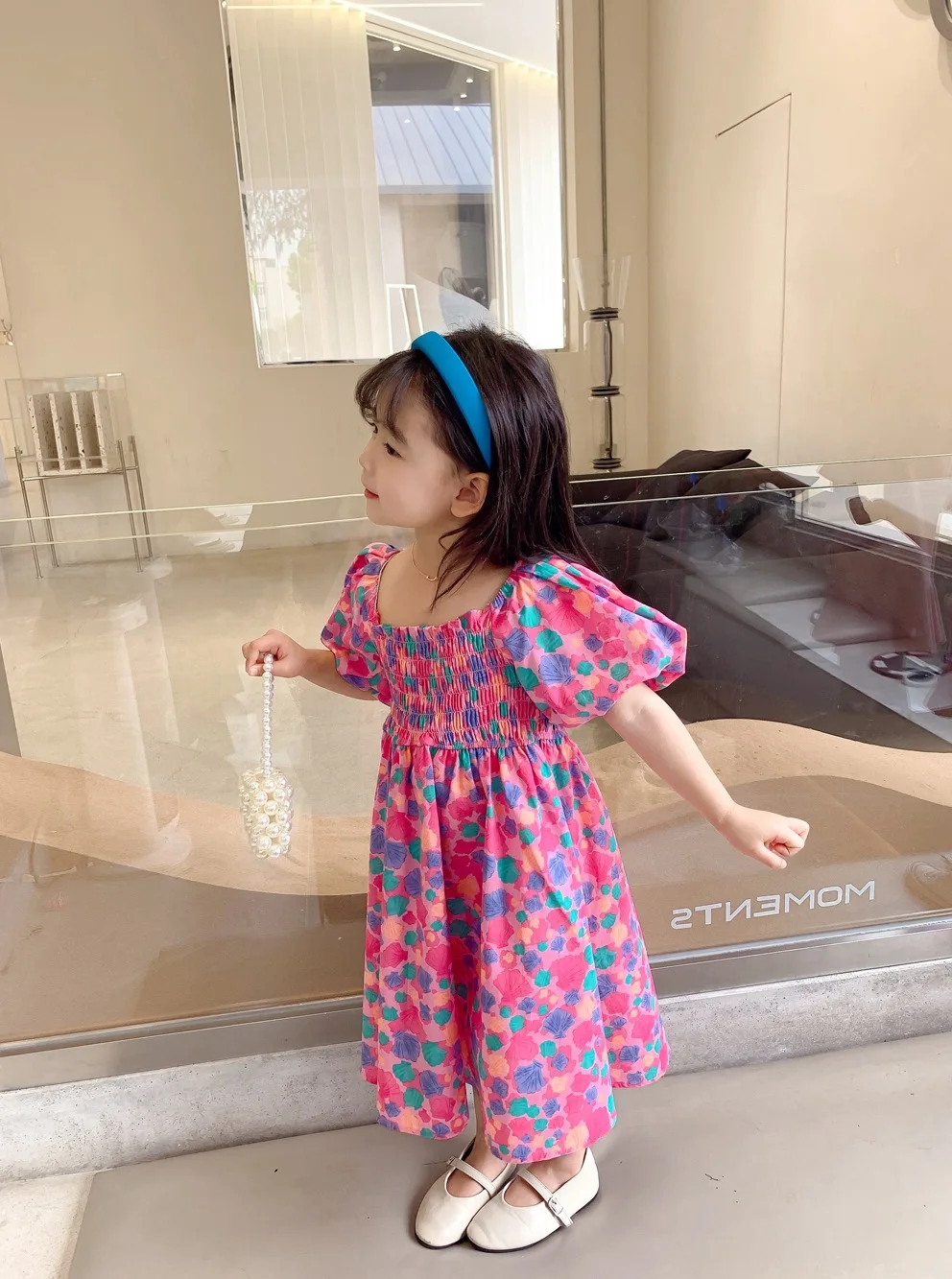 Summer Casual Baby Girls Cotton Sweet Pleat Puff Sleeves Floral Printing Lace Up Back Dress Kids Lovely Outfit Clothing 2-8Years