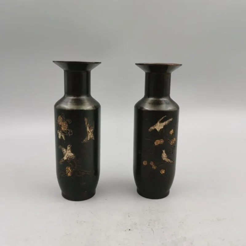 -style copper magpie perching on a plum blossom small vase pair, home decor ornaments, antique copperware collectible vas