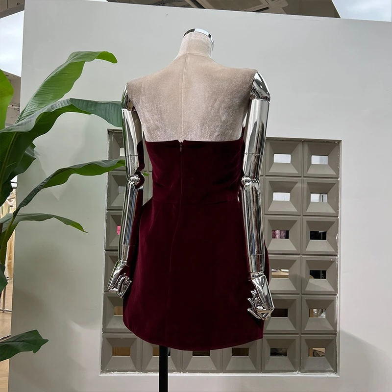 فستان أحمر مخملي للنساء مع رقبة فلورا مائل صيفي أنيق للحفلات المسائية فساتين ضيقة عالية الخصر للسيدات #5