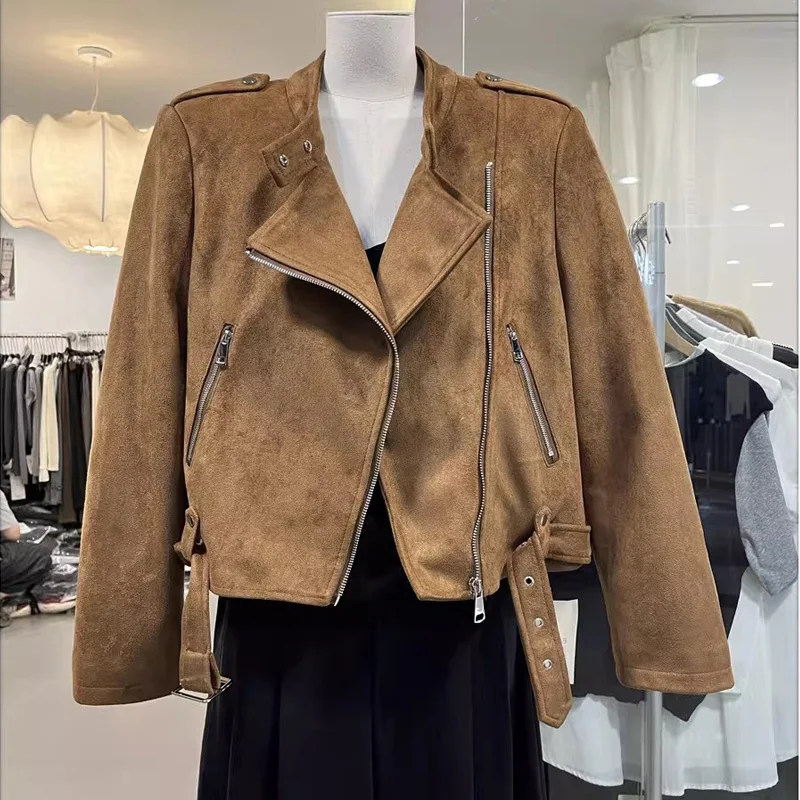 Retro Motorcycle Style Suede Short Jacket Women's Fashion Collar Design All-Match Spring Autumn Top Quality Cotton Zipper