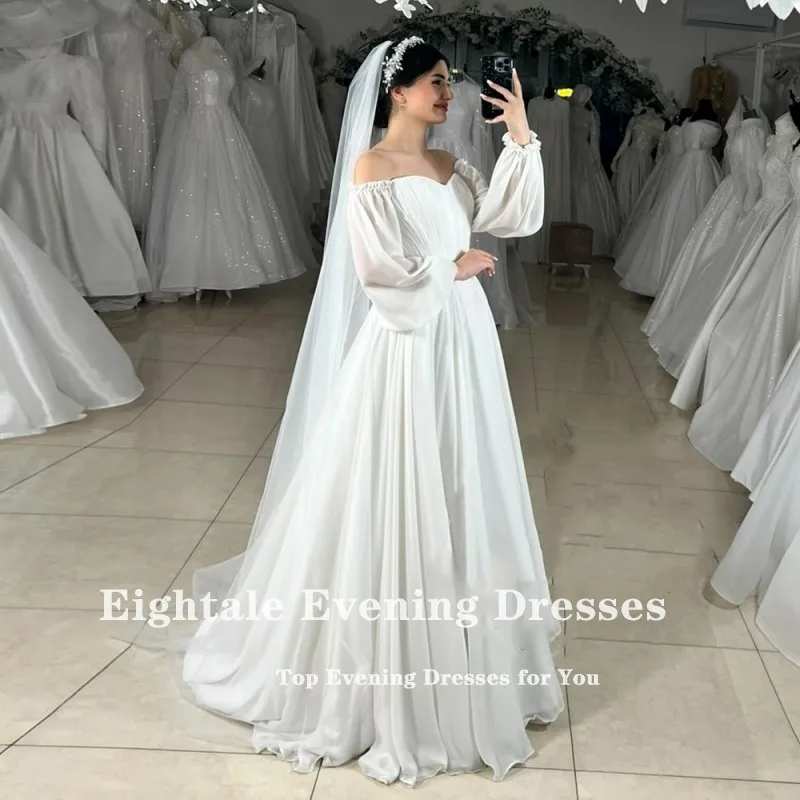 Eightale Arabic Wedding Dress Sweetheart Customized Ivory Chiffon Pleats Long Sleeves Bridal Gown A-Line Bride Party Dress