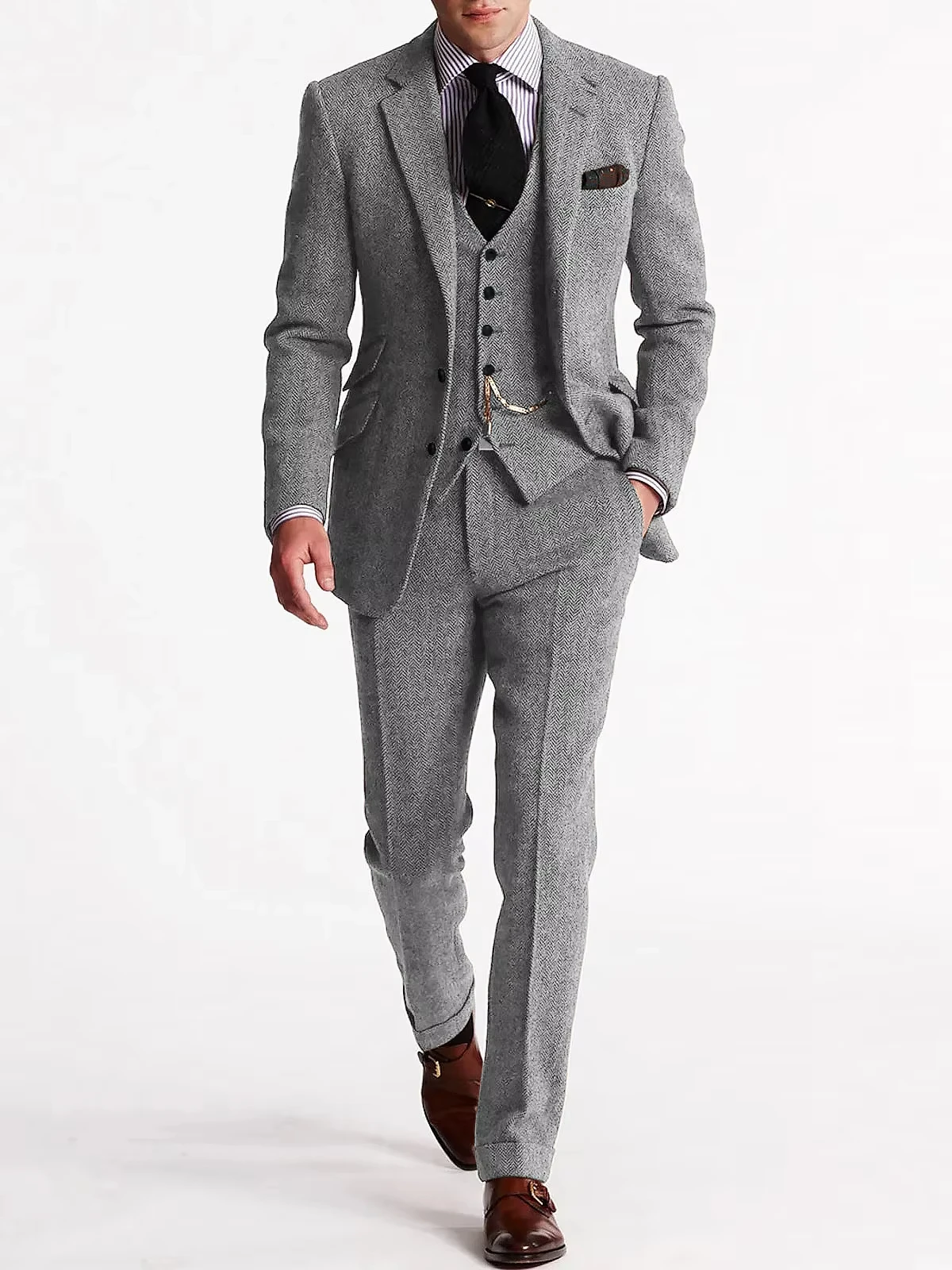 ﻿ Herringbone Tweed Suits for Men 3 Piece Set Double-Breasted Slim Fit Tuxedo Size Man Suit Set Custom Made Men Fashion Suits