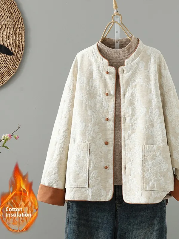 

Thiened Embroidered Long Sve Cotton Jaet Women's Warm Outerwear Cardigan Sle Contrast Color Heavyweight Floral Pattern