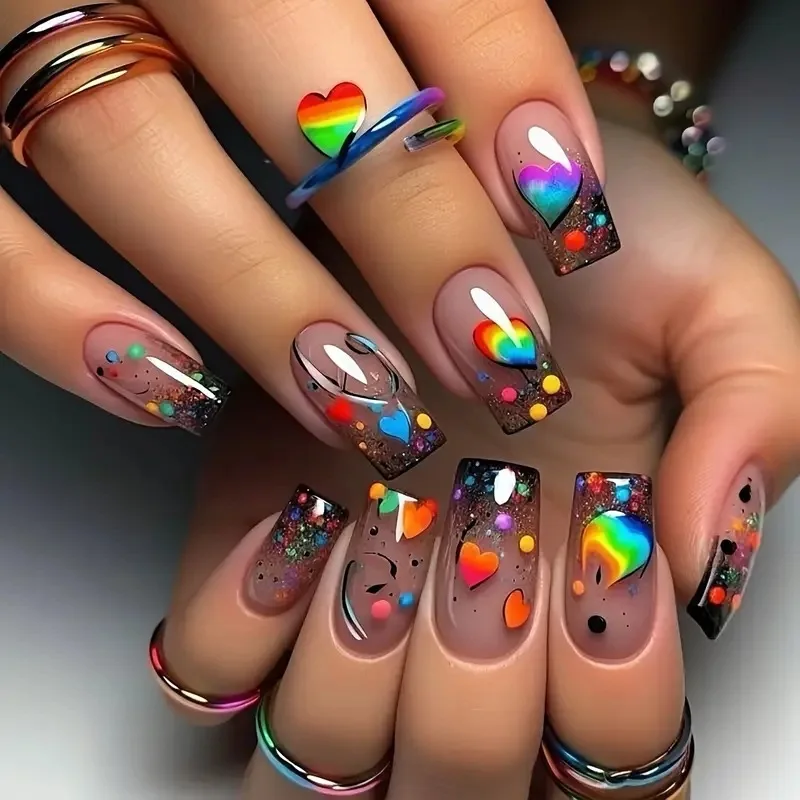 24PCS Nude Press on Nails Short Square Fake Nails with Rainbow Gradient Love Glitter Polka Dot Vibrant Pride Nail Art Detachable