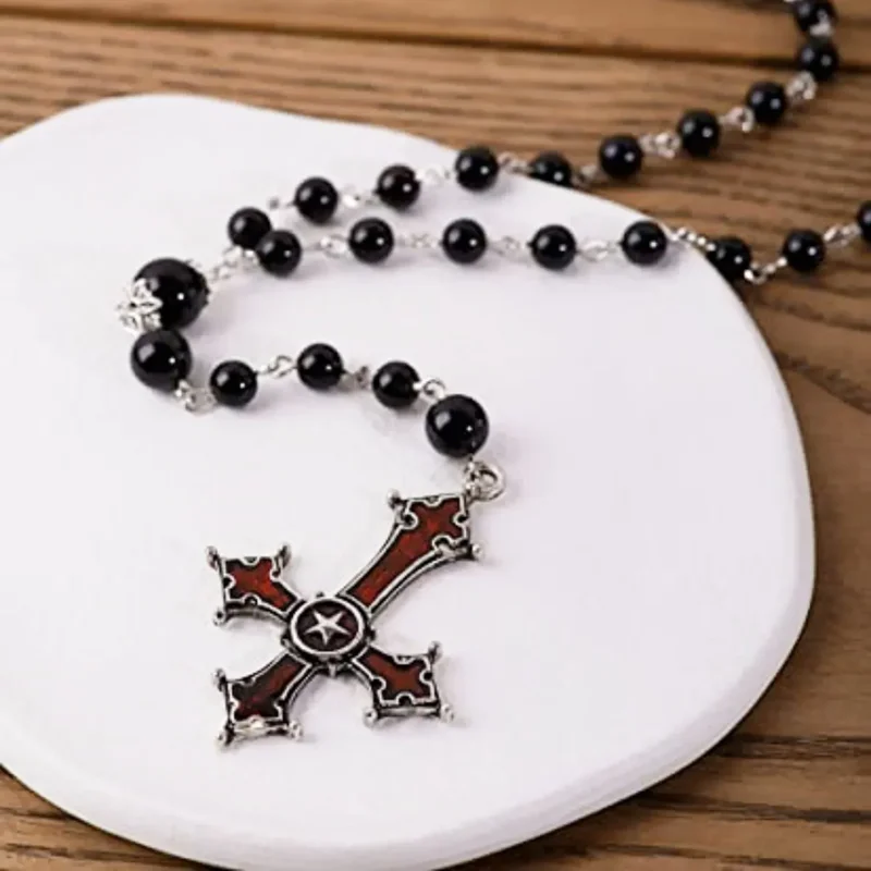 Gothic Beaded Pentagram Inverted Cross Necklace Black Agate Pendant Symbol Original Jewelry Gift Fashion Charm Handmade