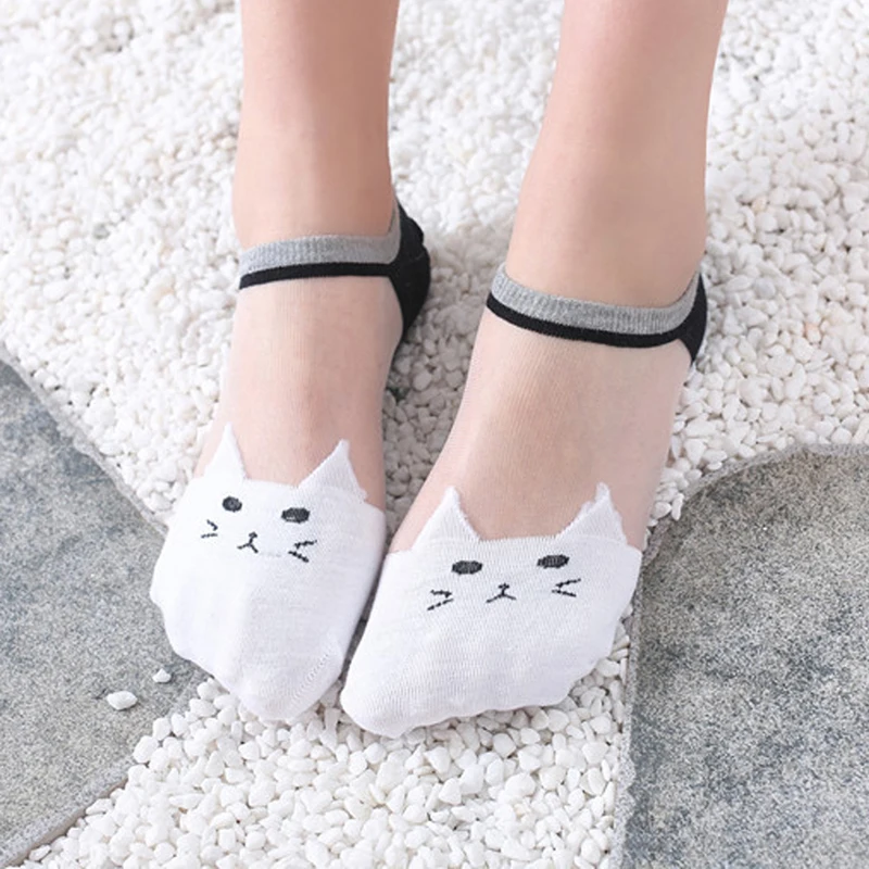 5 Pairs Women Socks Kawaii Summer New Cat No Show Socks Soft Silk Thin Transparent Ankle Socks Breathable Solid Invisible Socks