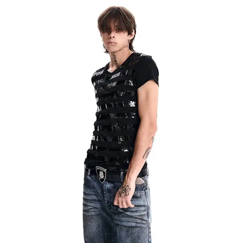 LUZHEN 2026 New Original Niche Design Stripe Glossy Patchwork Short Sleeve T-shirts Men's Handsome Round Neck Casual Tops JY8104